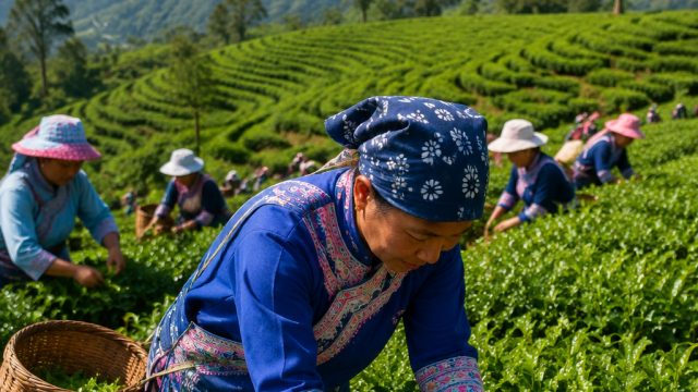 Busy tea picking in Fengqingshan Township, Fengqing County